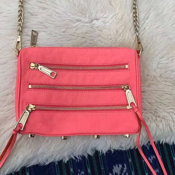 Rebecca Minkoff 3 Zip Mini MAC clutch crossbody bag Bright Hot Neon Pink Barbie - Picture 2 of 8